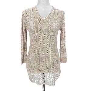 Tommy Bahama Womens Small Tan Open Knit V-Neck Tunic Sweater Long Sleeve